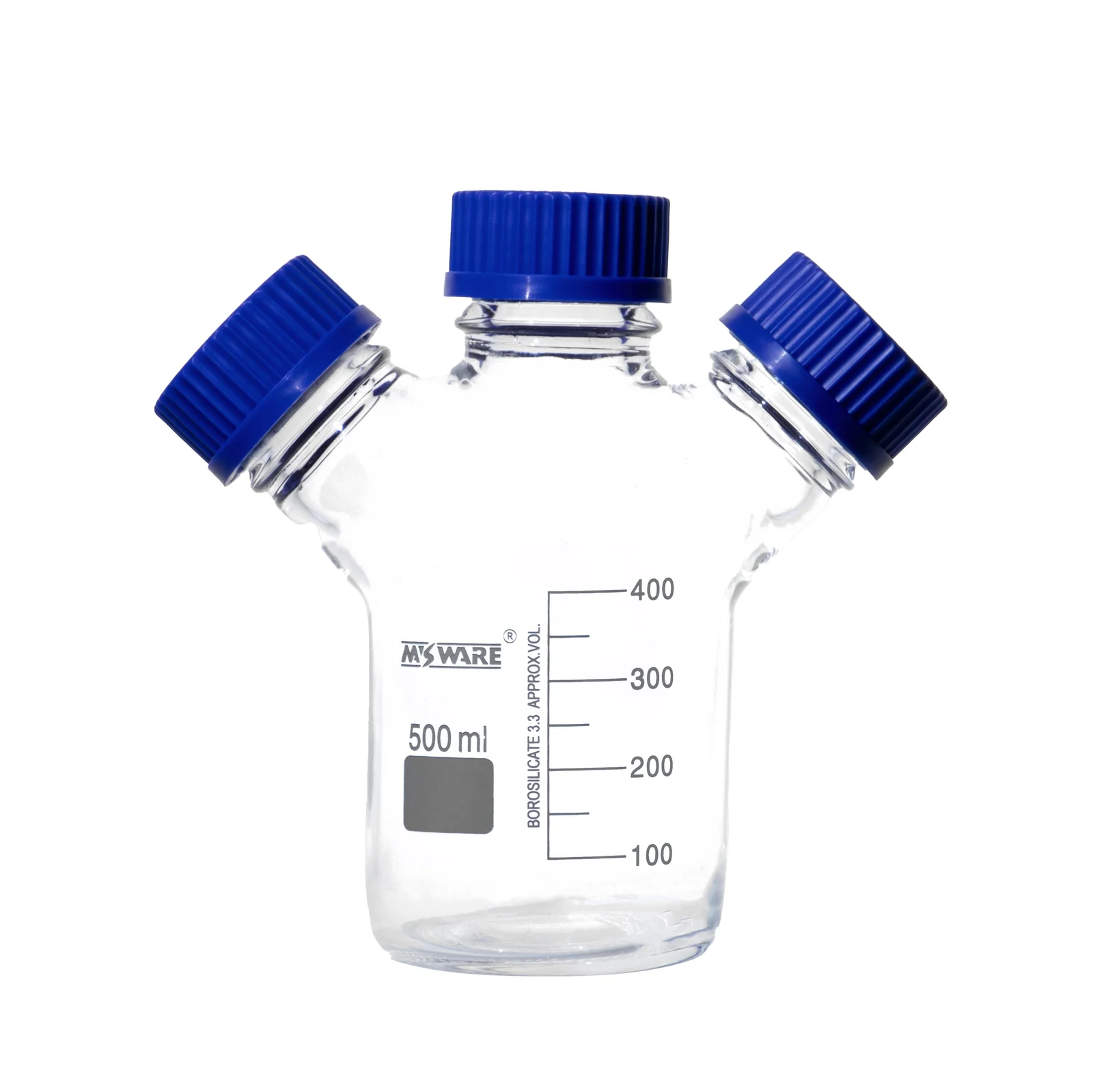 具蓝盖螺纹口三口试剂瓶 3.3高硼硅玻璃 250ml GL45（带孔）