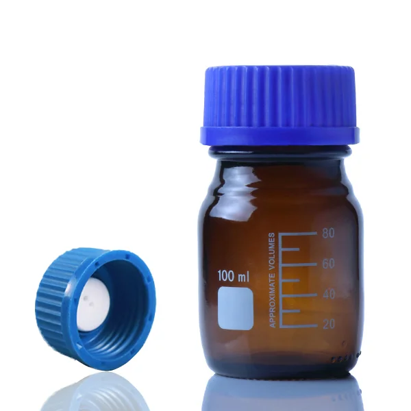 具蓝盖棕色螺纹口试剂瓶 4.0硼硅玻璃  100ml GL45（附带孔螺旋盖 PP/PTFE）