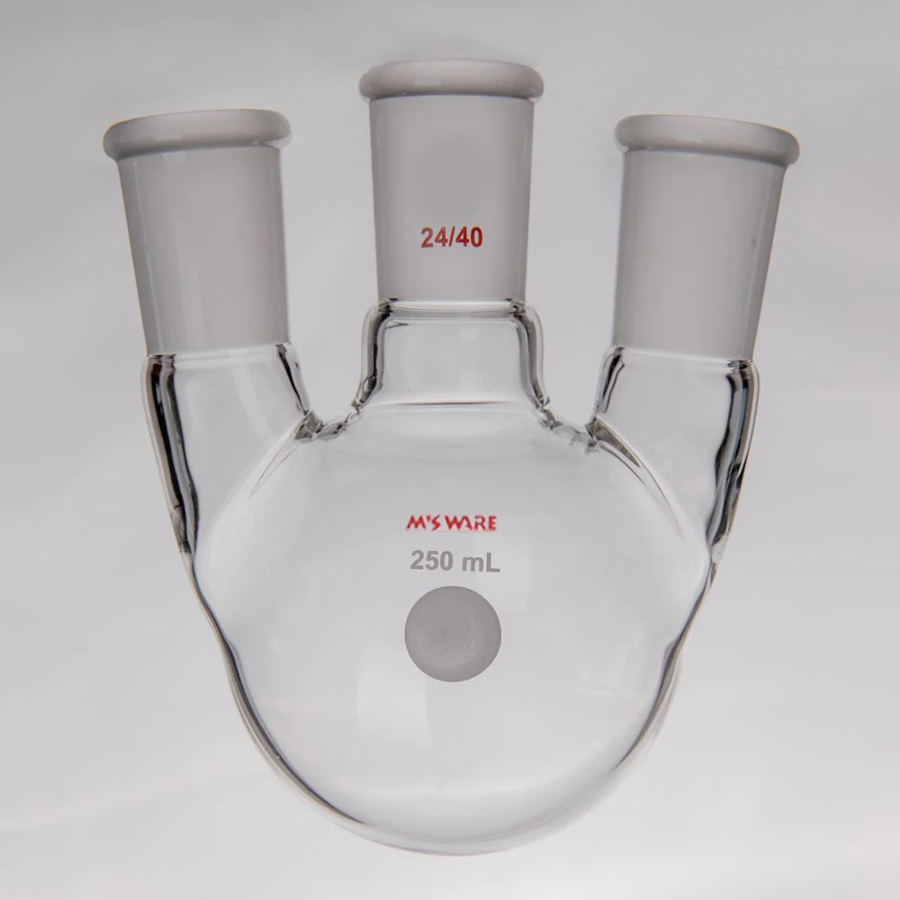 小角度三口球瓶,厚壁高强度,主口:14/20,侧口:14/20,50ml