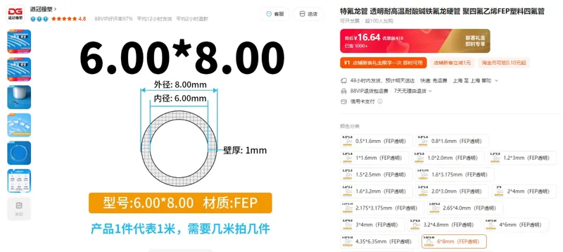 道冠橡塑四氟乙烯管6*8mm（FEP透明）（1米） - 玖梧精选