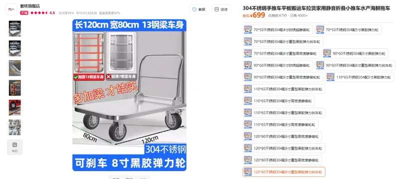 蜜林120*80不锈钢304配8寸重型黑胶弹力刹车轮平板手推车（1个） - 玖梧精选