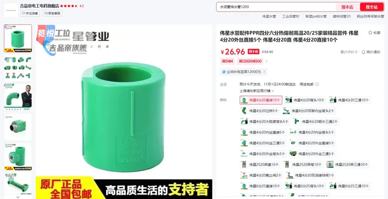 伟星4分20直接10个水管配件PPR接头（1组） - 玖梧精选