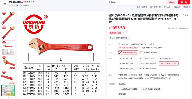 桥防（QIAOFANG）铍青铜防爆活扳手46*375mm（15寸）125B-1012（1把） - 玖梧精选