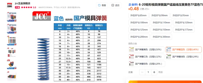 jcc五金矩形模具弹簧外径10*长20mm国产弹簧蓝色（压缩比40%）/个20个起订 - 玖梧精选
