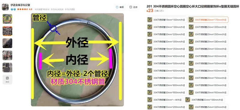 伊诺金属O型圈圆环304不锈钢管20mm*170mm外径（个） - 玖梧精选