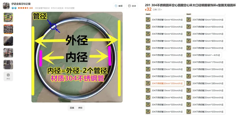 伊诺金属O型圈圆环304不锈钢管20mm*300mm外径（个） - 玖梧精选