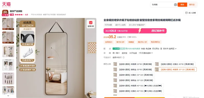 浪纺全身镜挂墙穿衣镜子【超清大圆角】典雅黑30*120【高清防爆】/个 - 玖梧精选