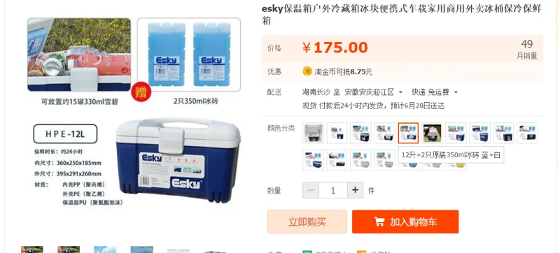 Esky-保温箱HPE-6L+1只原装350Ml冰砖 蓝+白（套） - 玖梧精选