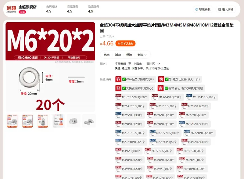 金超M6*20*2(20个)304不锈钢螺丝金属垫圈（组） - 金超