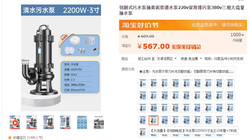 泰顶污水泵【大流量】【纯铜电机】污水泵2200W3寸法兰10米管+7米线（组） - 国产