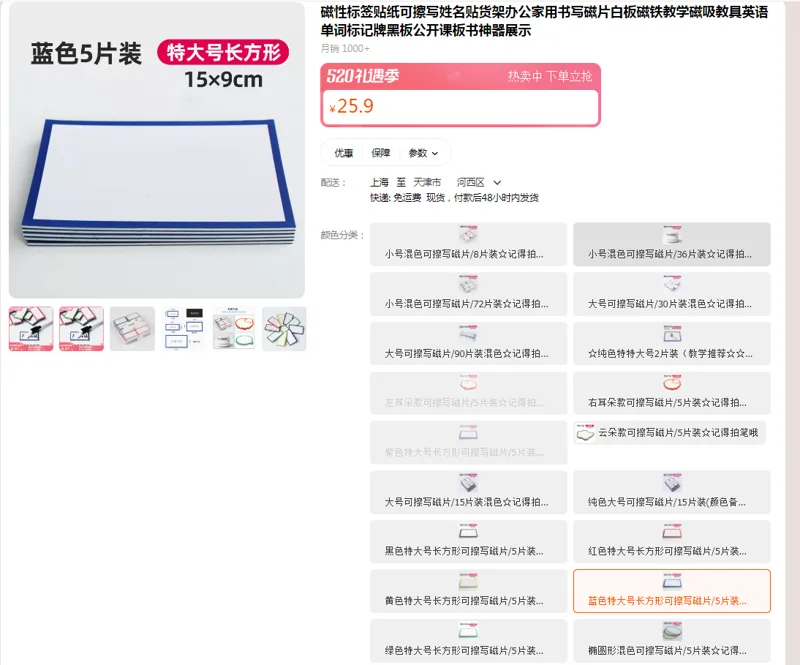 zhidian磁性标签贴纸蓝色特大号长方形可擦写磁片/5片装（组） - 国产