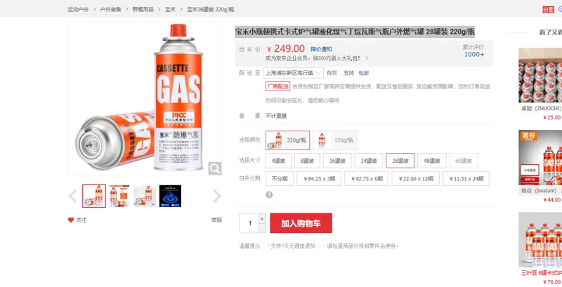 宝禾小瓶便携式卡式炉气罐液化煤气丁烷瓦斯气瓶户外燃气罐 28罐装 220g/瓶（组） - 国产