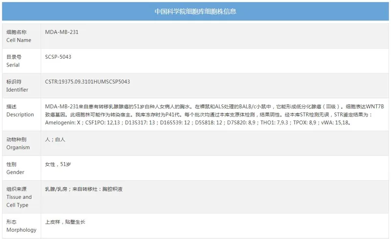 中科院MDA-MB-231人乳腺癌细胞SCSP-5043（支） - 玖梧精选