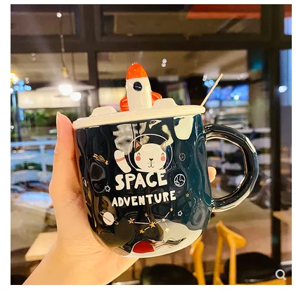 时尚火箭星空陶瓷杯 漫步星空 space宝蓝色+不锈钢勺 （个） - 玖梧精选
