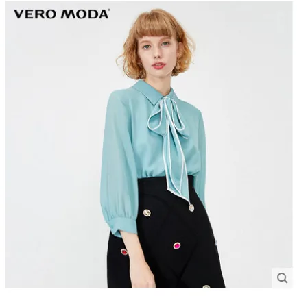 Vero Moda 秋冬飘带装饰休闲内搭七分袖雪纺衬衫 酮酸蓝色 L （件） - 玖梧精选