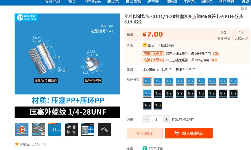 研发用料倒锥接头，压塞1/4-28螺纹，压环1.6，PP（个） - 玖梧精选