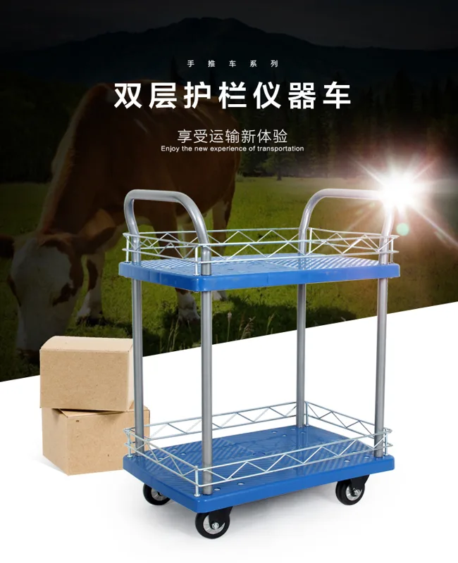 CBD双层平板车实验室小推车三层90*60cm双扶手带护栏加厚（台） - 玖梧精选