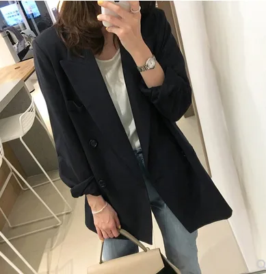 2019春秋韩版chic黑色小西装中长款职业宽松休闲西服上衣外套女潮（件） - 玖梧精选