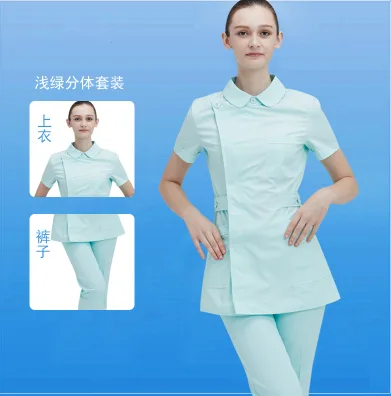 南丁格尔护士服夏季短袖女薄款圆领浅绿色收腰L（件） - 玖梧精选