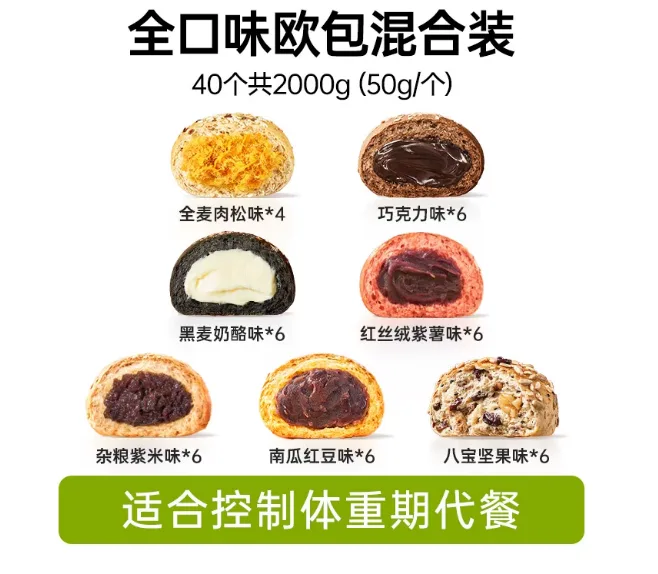 碧翠园全麦软夹心欧包【4斤40只/囤货全口味装】奶酪+紫薯+巧克力+紫米+红豆+肉松+八宝（包） - 碧翠园