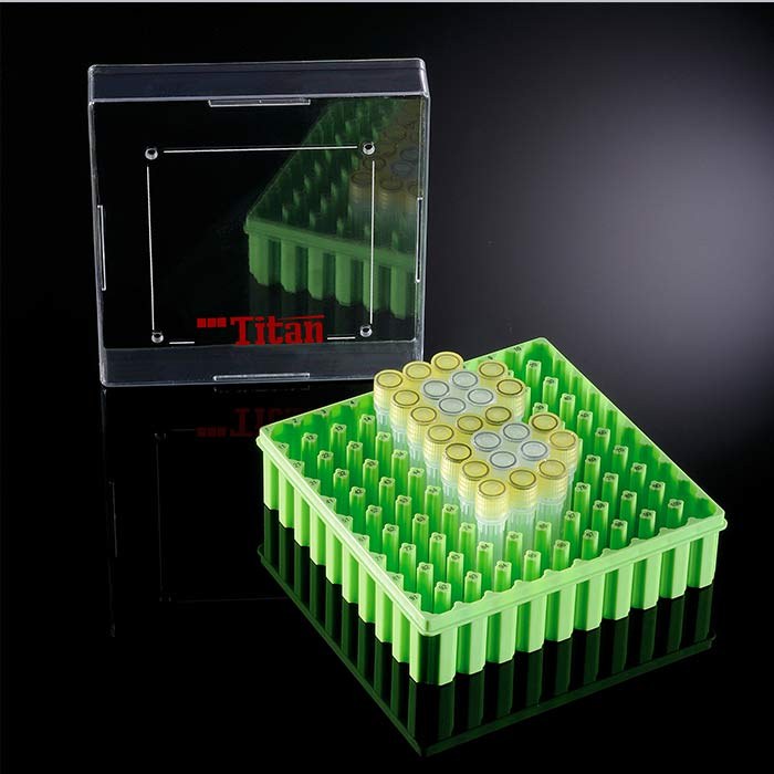塑料冻存盒，红黄蓝绿四色装，PC，耐受温度范围：-196℃到121℃，2英寸，尺寸133&times;133&times…