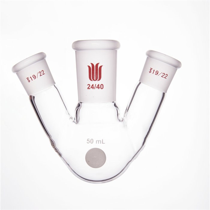 斜三口球瓶 厚壁高强度 中间磨口：24/40 侧磨口：19/22 50ml - 欣维尔