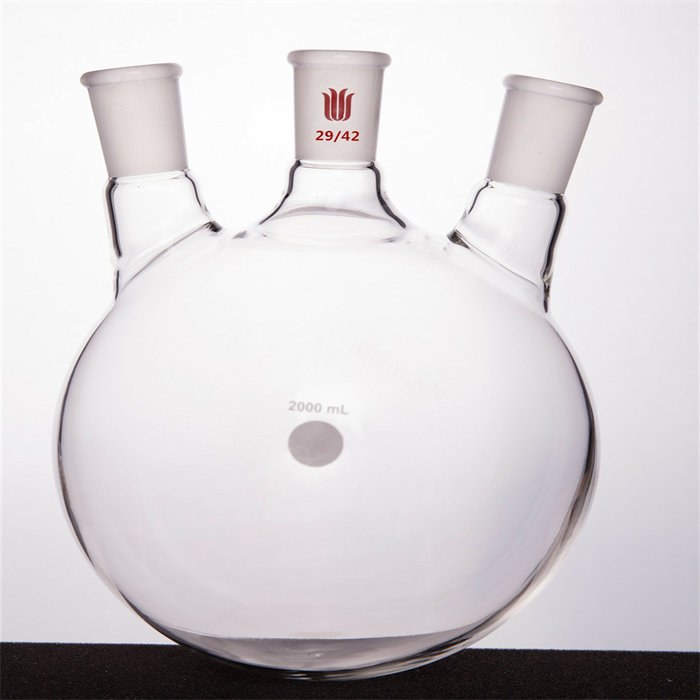 斜三口球瓶 厚壁高强度 中间磨口：29/42 侧磨口：24/40 2000ml - 欣维尔