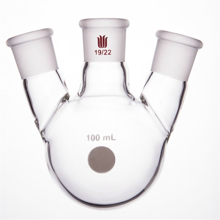 斜三口球瓶 厚壁高强度 中间磨口：19/22 侧磨口：19/22 100ml - 欣维尔