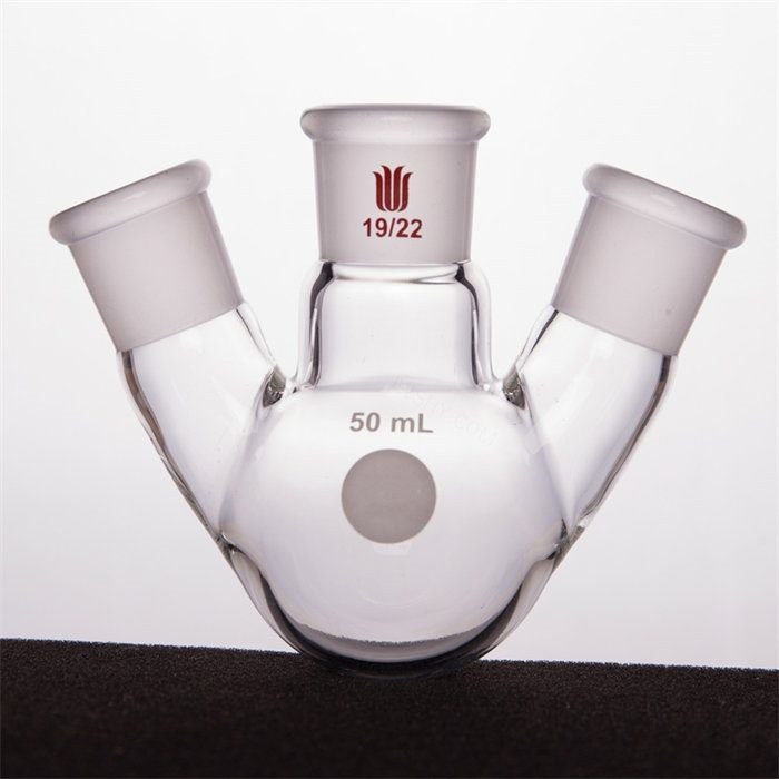 斜三口球瓶 厚壁高强度 中间磨口：19/22 侧磨口：19/22 50ml - 欣维尔