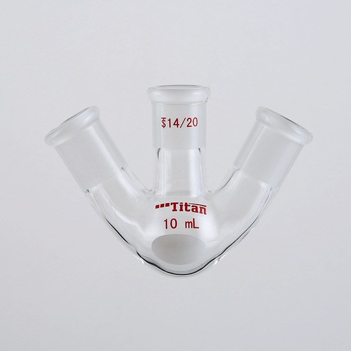 斜三口球瓶 厚壁高强度，中间磨口：14/20，侧磨口：14/20，10ml 特优级