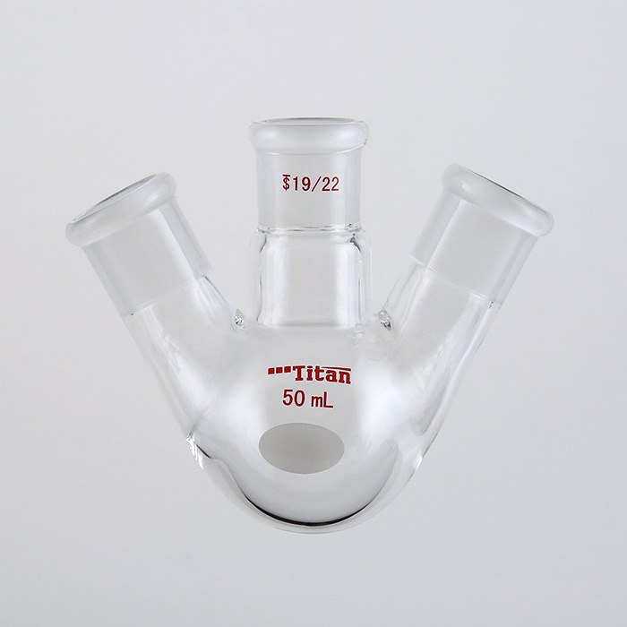 斜三口球瓶 厚壁高强度,中间磨口:19/22,侧磨口:19/22,50ml 特优级 爆款