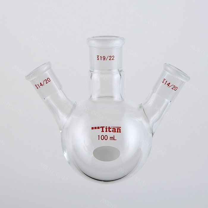 斜三口球瓶 厚壁高强度，中间磨口：19/22，侧磨口：14/20，100ml 特优级
