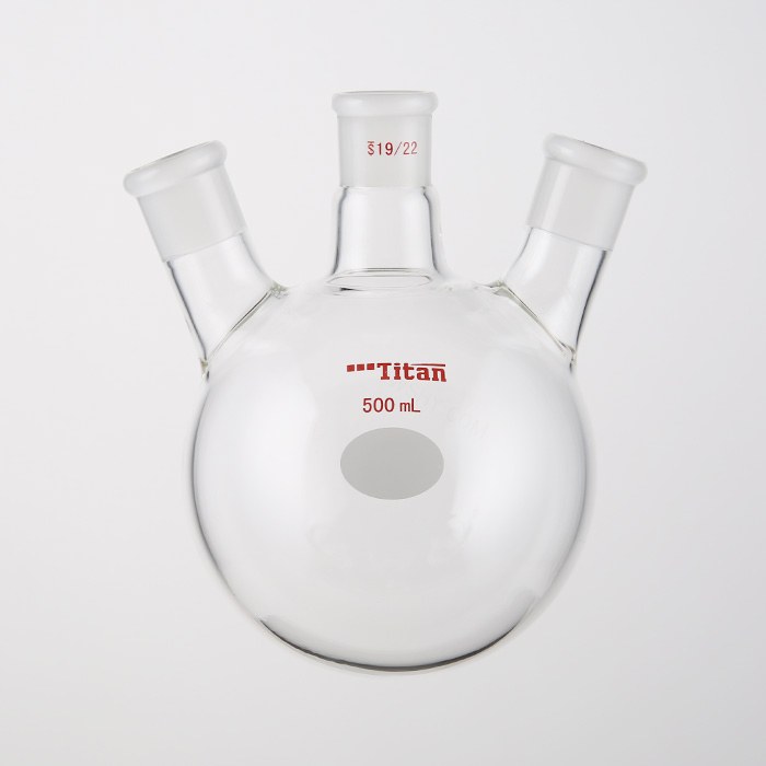 斜三口球瓶 厚壁高强度，中间磨口：19/22，侧磨口：19/22，500ml 特优级