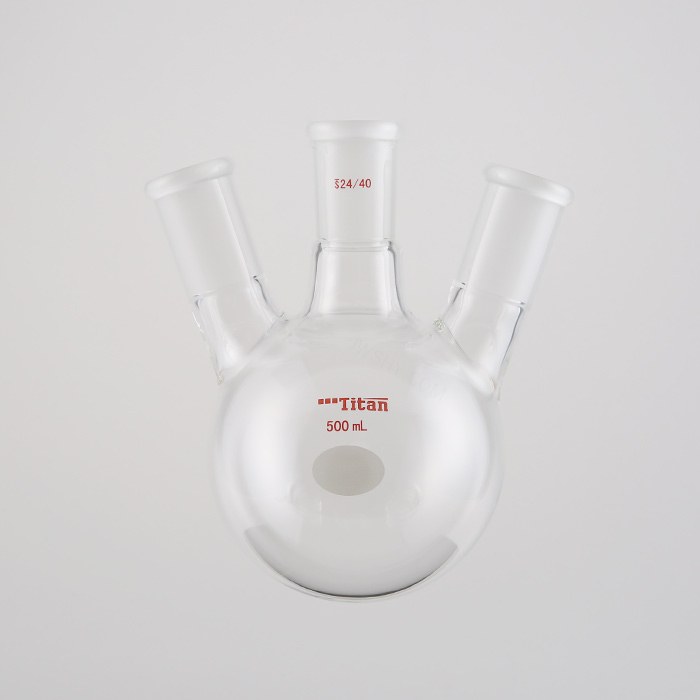 斜三口球瓶 厚壁高强度，中间磨口：24/40，侧磨口：24/40，500ml 特优级 爆款