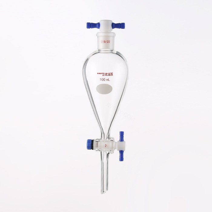 具四氟塞分液漏斗  上磨口：19/22，四氟节门：2 mm，100ml 特优级 爆款