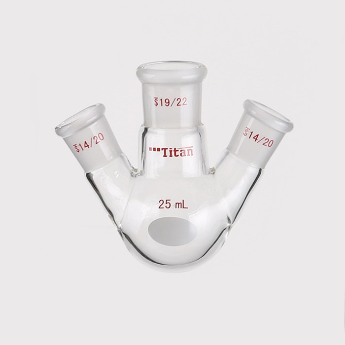 斜三口球瓶 厚壁高强度,中间磨口:19/22,侧磨口:14/20,25ml 特优级