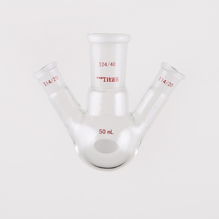 斜三口球瓶 厚壁高强度,中间磨口:24/40,侧磨口:14/20,50ml 特优级