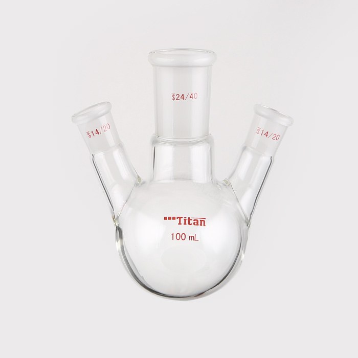 斜三口球瓶 厚壁高强度，中间磨口：24/40，侧磨口：14/20，100ml 特优级