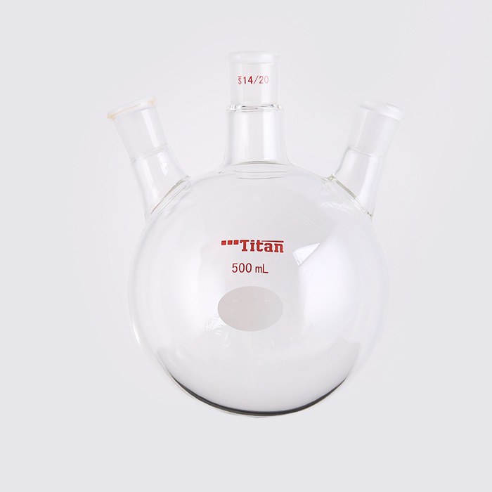 斜三口球瓶 厚壁高强度,中间磨口:14/20,侧磨口:14/20,500ml 特优级
