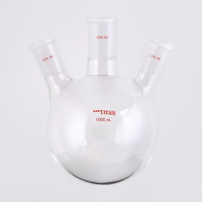 斜三口球瓶 厚壁高强度,中间磨口:29/42,侧磨口:24/40,1000ml 特优级
