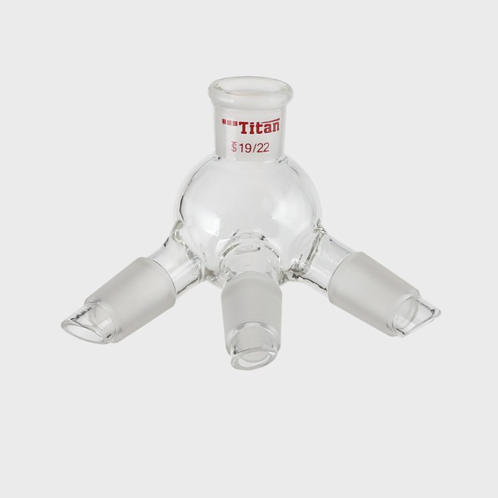 具小咀存储球三通蒸馏接受管（三个流出口夹角为40&deg;），磨口：19/22 特优级