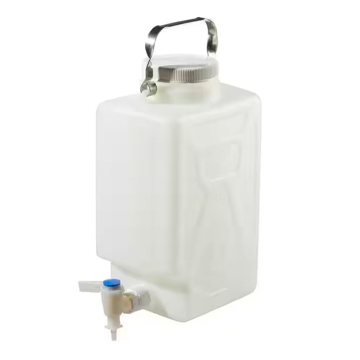 LPE 氟化矩形细口大瓶（带放水口）氟化高密度聚乙烯 白色 Tefzel&times;放水口 氟化白色聚丙烯螺旋盖 9L