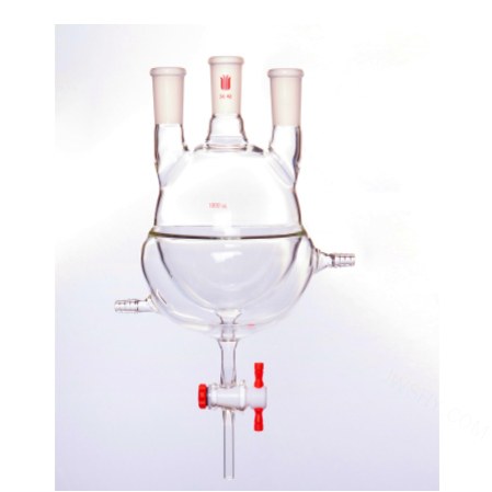 夹套半包式直三口球瓶 四氟节门 主口29/42 侧口24/40 1000ml - 欣维尔