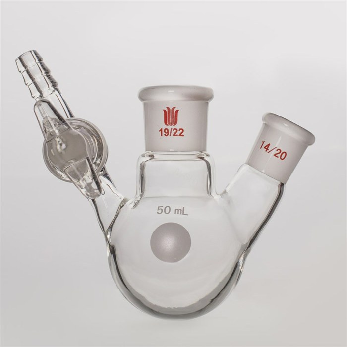 玻璃节门两口反应瓶,容量:50ml,主口:19/22,侧口:14/20 - MANSWARE
