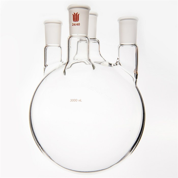 直四口圆底球瓶,中间磨口:24/40,侧磨口:24/40，前口：24/40，3000ml - 欣维尔