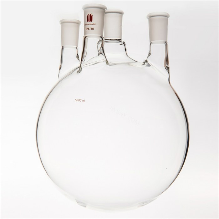直四口圆底球瓶,中间磨口:24/40,侧磨口:24/40，前口：24/40，5000ml - 欣维尔