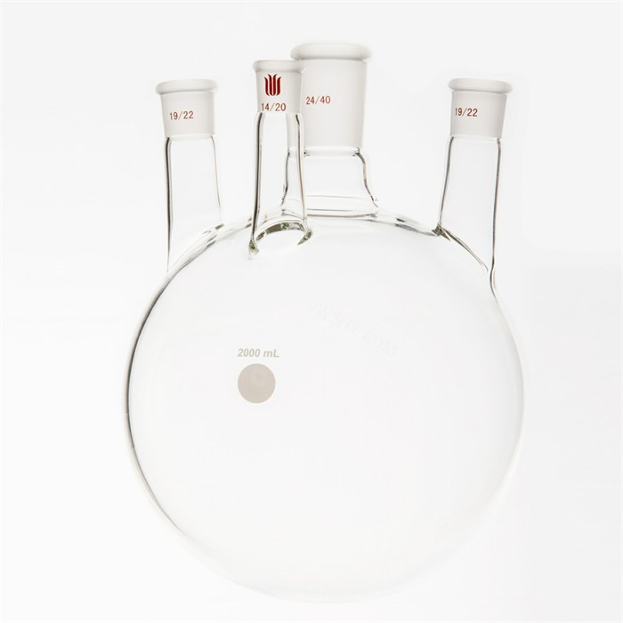 小角度四口圆底球瓶,中间口24/40,侧口19/22,前口:14/20,2000ml - MANSWARE