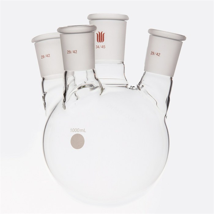 小角度四口圆底球瓶,中间磨口:34/45,侧磨口:29/42,1000ml - 欣维尔