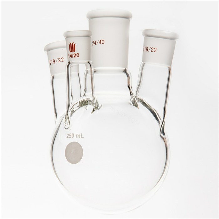 小角度四口圆底球瓶,中间磨口24/40,侧口19/22,前口14/20，250ml - 欣维尔