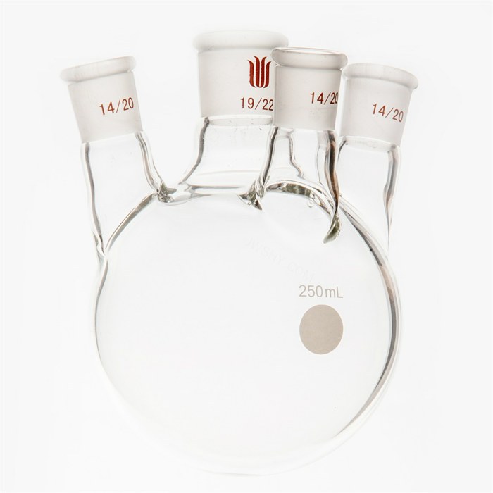 小角度四口圆底球瓶,中间磨口:19/22,侧磨口:14/20,250ml - 欣维尔